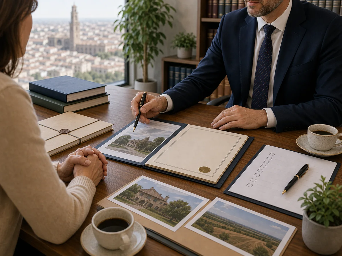 Mesa de trabajo legal con escrituras y documentación hereditaria