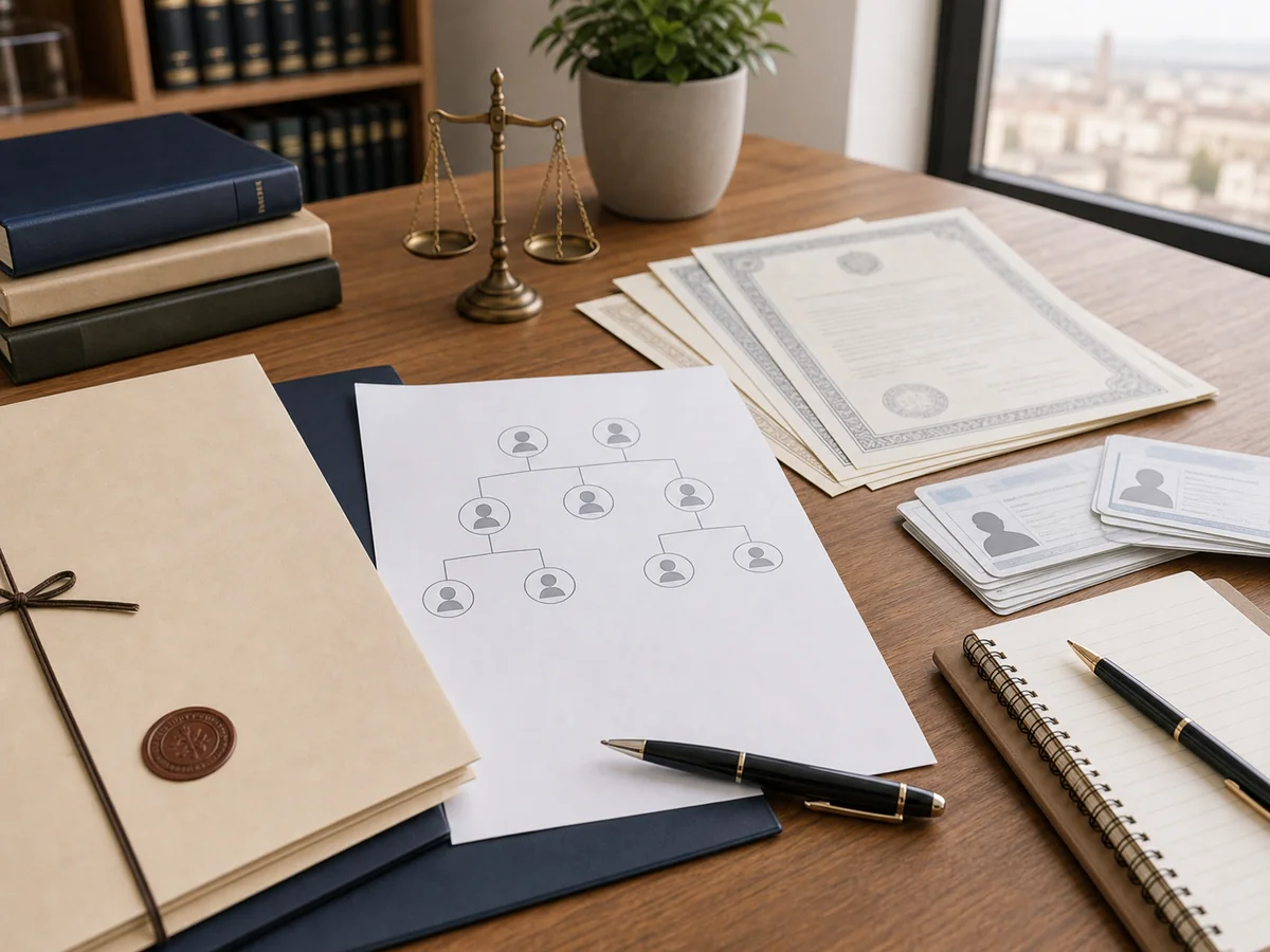 Acta notarial y documentos de parentesco para una herencia