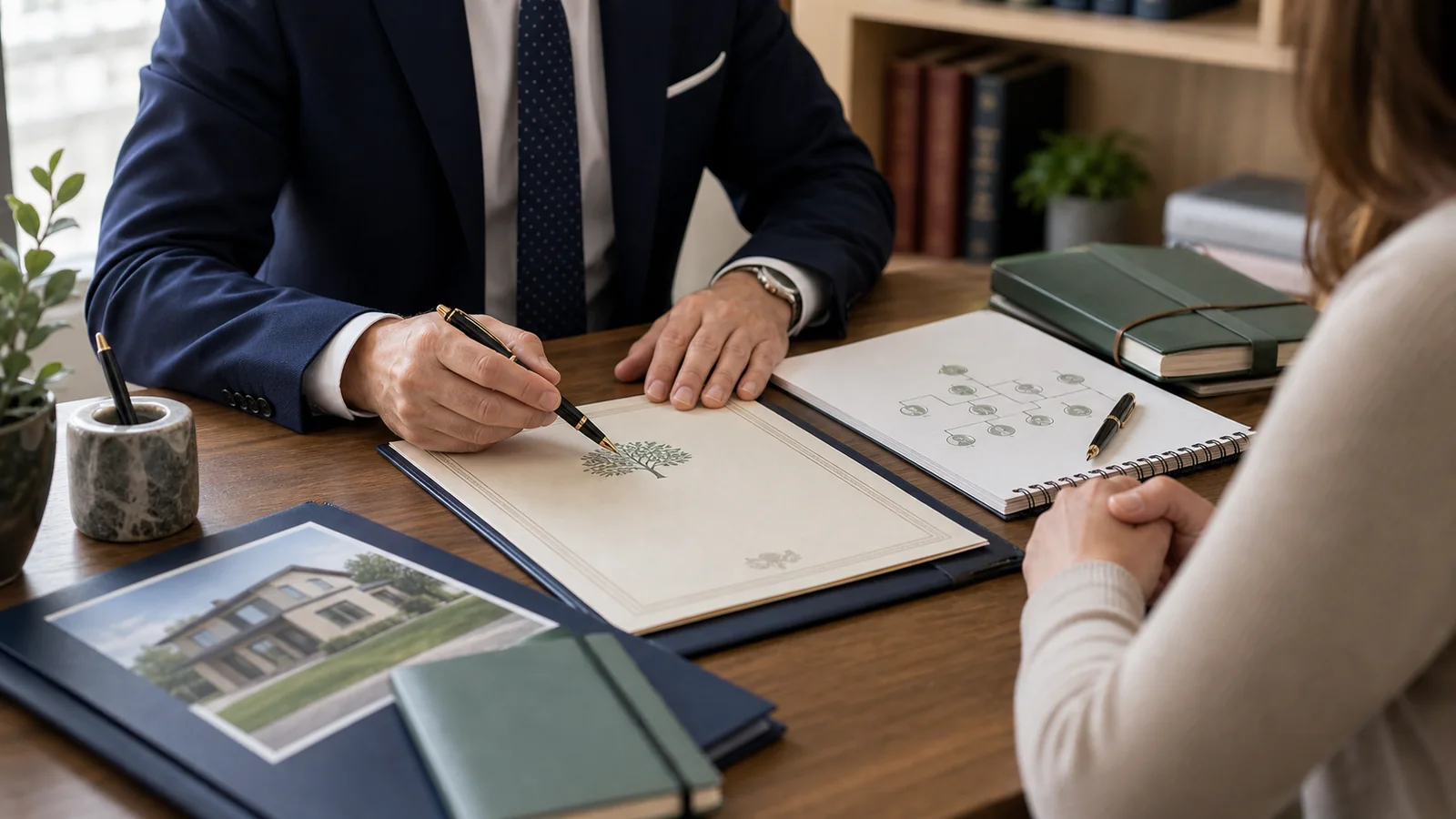 Testamento y documentos notariales preparados para firma